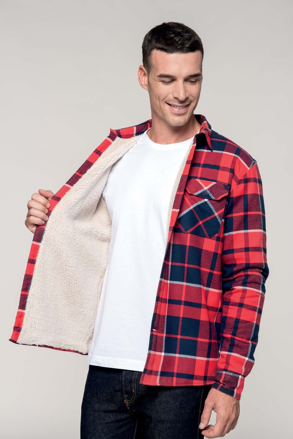 Kariban Sherpa-lined checked overshirt [K579]