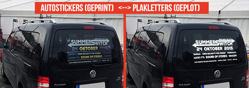 een vergelijkende foto van een full color uitgesneden sticker ten op zichte van plakletters